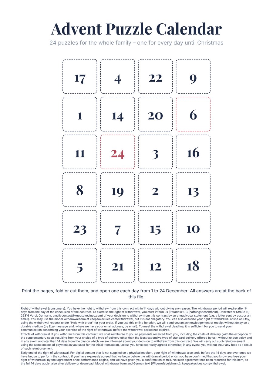 Cover page of the Keepsake Clues printable Advent calendar, with 24 numbered doors.