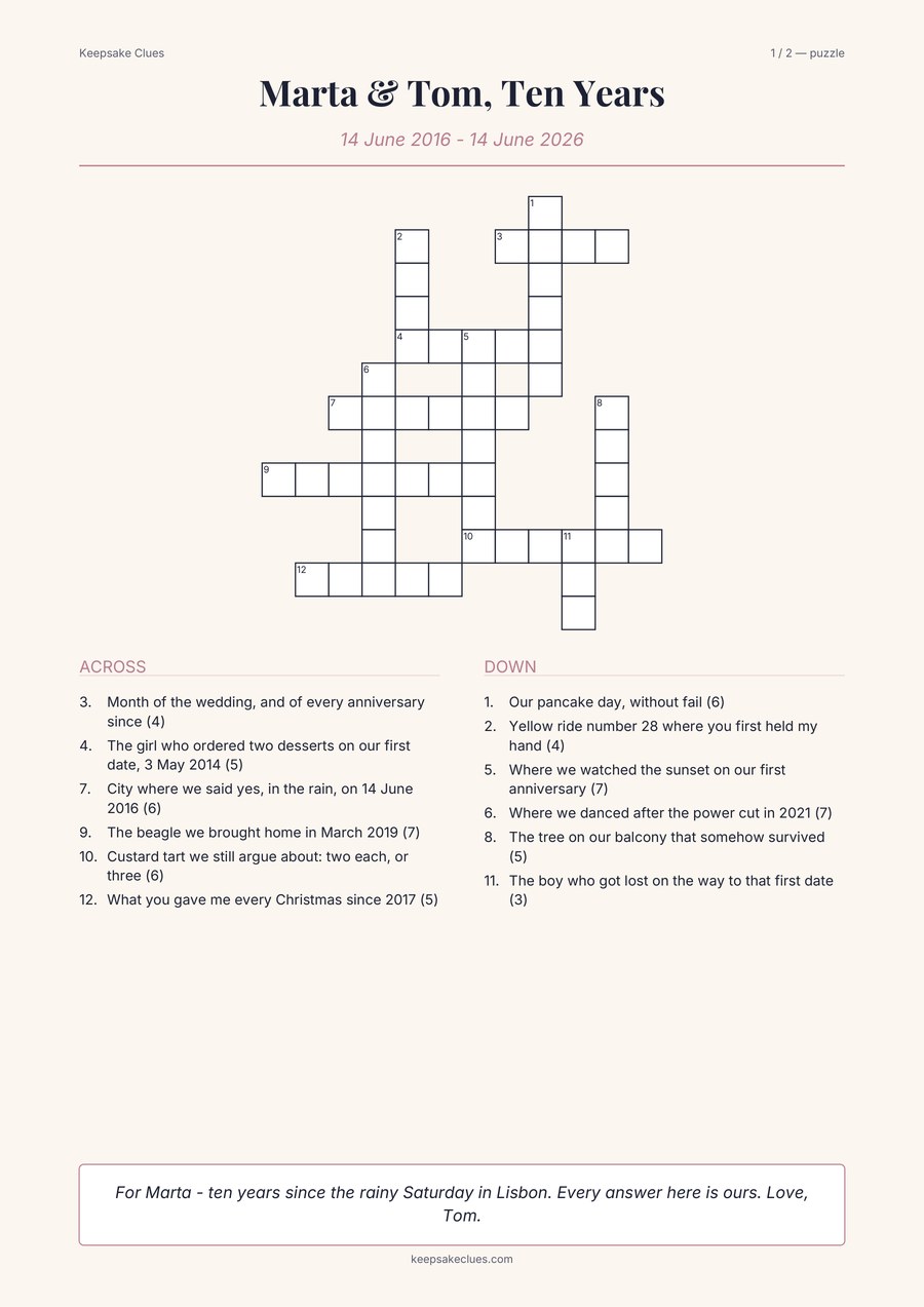 Puzzle page of a sample anniversary crossword for Marta and Tom's tenth anniversary, with the clue lists and a dedication box.