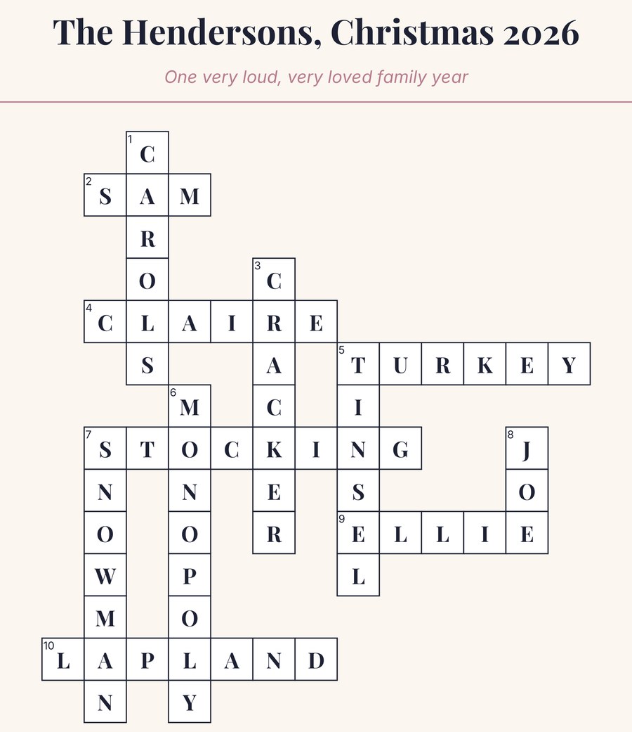 Solved sample family Christmas crossword titled The Hendersons, Christmas 2026, with answers such as MONOPOLY, CRACKER, TINSEL and LAPLAND.