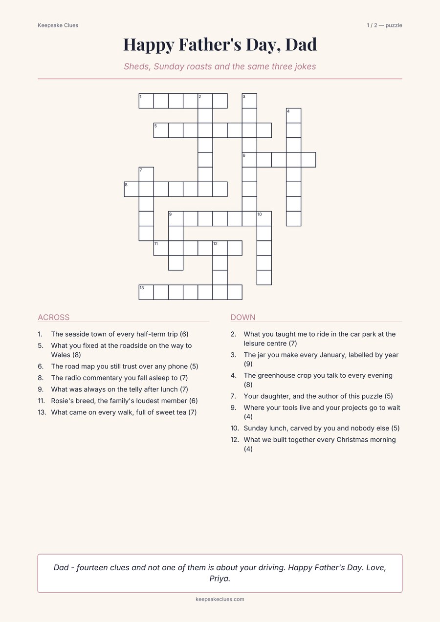 Puzzle page of a sample Father's Day crossword titled Happy Father's Day, Dad, with its across and down clues and a dedication from Priya.