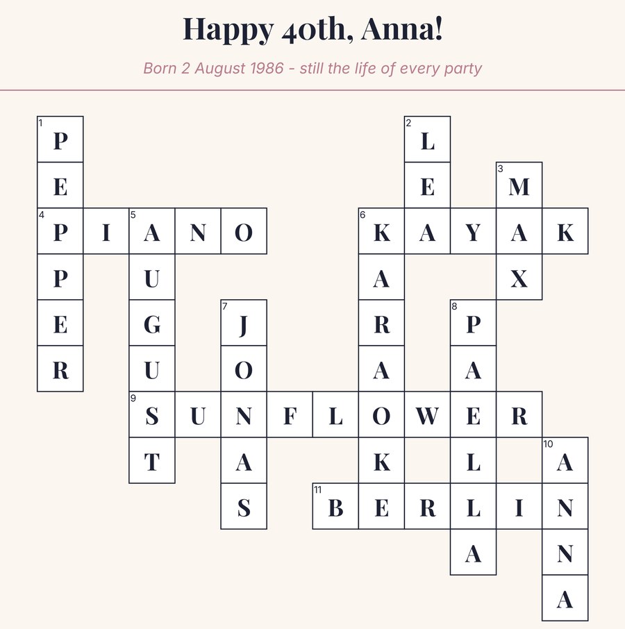 Solved sample birthday crossword titled Happy 40th, Anna!, with answers such as KAYAK, PAELLA, BERLIN and SUNFLOWER.