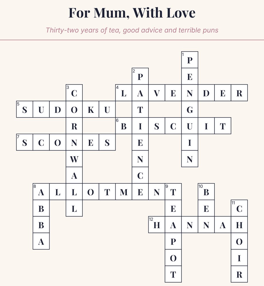 Solved sample Mother's Day crossword titled For Mum, With Love, with answers such as SCONES, TEAPOT, CORNWALL and ALLOTMENT.