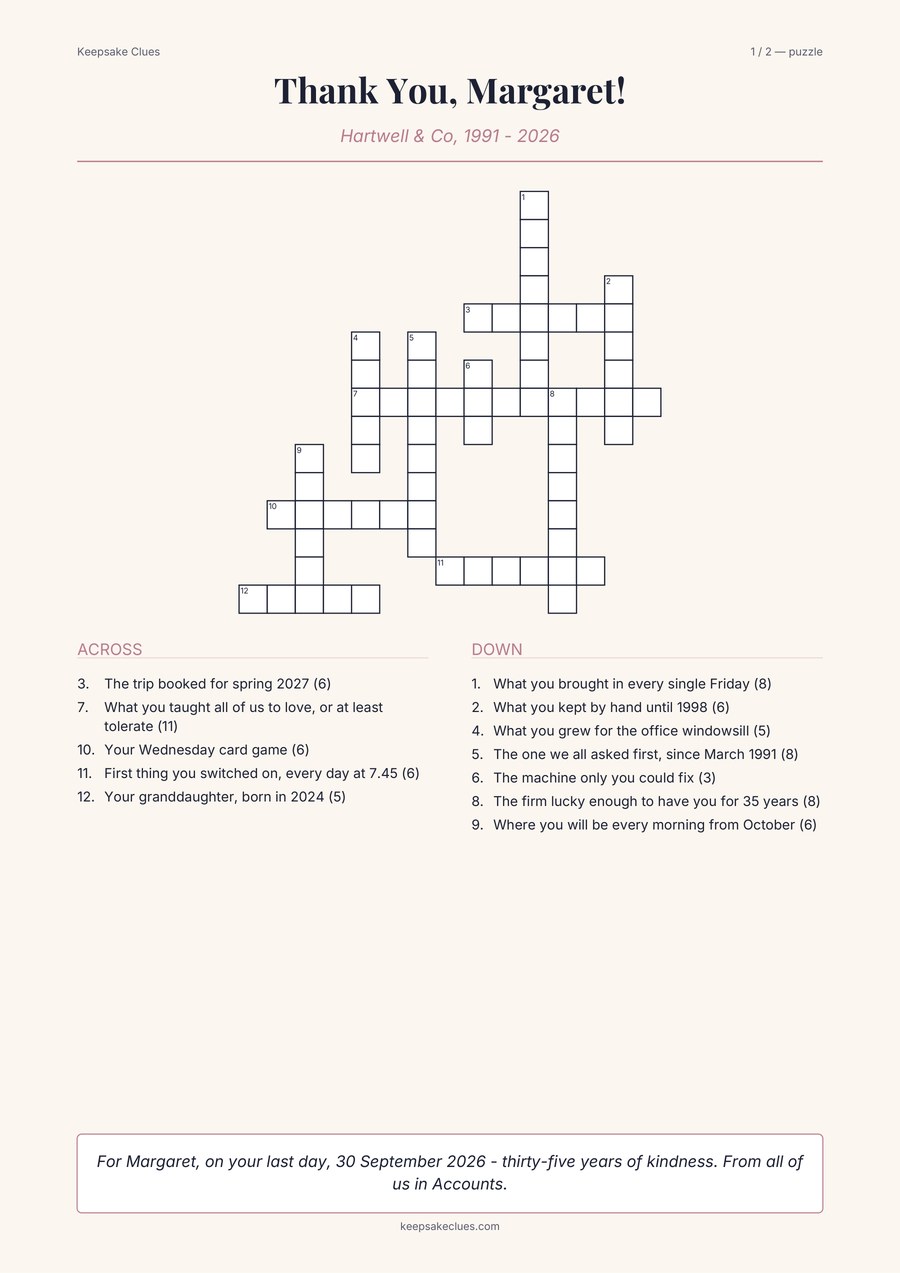 Puzzle page of a sample retirement crossword titled Thank You, Margaret!, Hartwell & Co, 1991 to 2026, with clue lists and a dedication from the Accounts team.