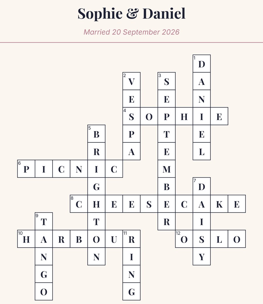 Solved sample wedding crossword titled Sophie & Daniel, Married 20 September 2026, with answers including BRIGHTON, CHEESECAKE and PICNIC.